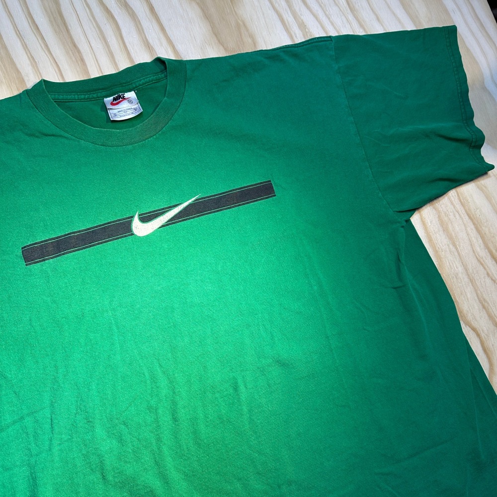 90s Nike Mens XXL Green Graphic Swoosh Stripe Short Sleeve T-Shirt